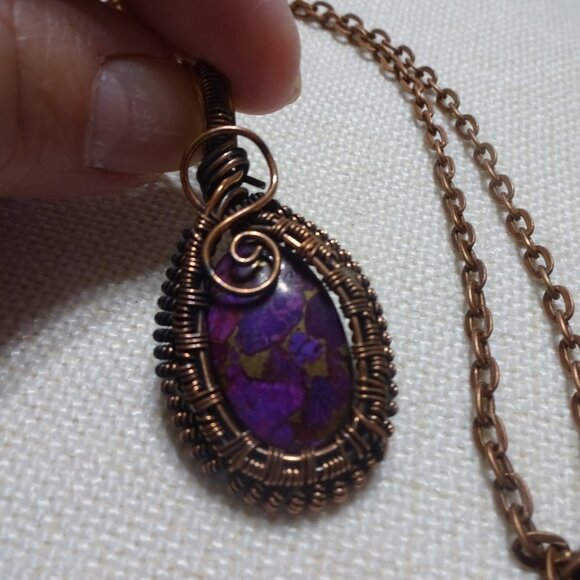 Rustic PURPLE TURQUOISE Handmade COPPER WIRE-WRAPPED Pendant on a 18" Chain 827B - Picture 3 of 3